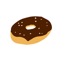 Hand drawn doughnut in chocolate icing with sprinkles on white background isolated