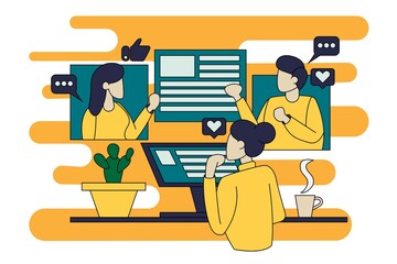 work from home flat illustration for banner video conference sitting at chair with laptop