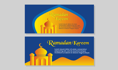 Ramadan Kareem banner with mosque elements. Islamic horizontal banner templates. design in blue and orange. vector illustration
