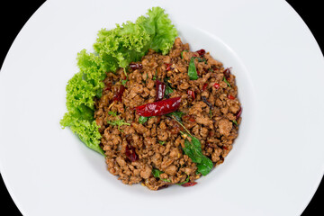 Stir fried Thai basil with minced pork and chilli on topped rice - Thai local food style