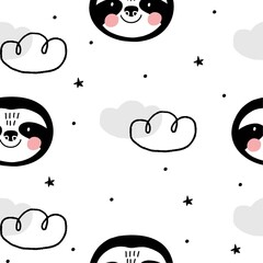 Cute Seamless pattern with Sloth in scandinavian style. Monochrome vector print for baby  with sloth. © NadezdaBarkova