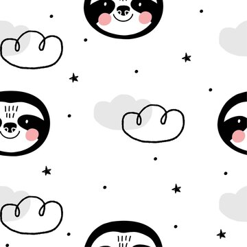 Cute Seamless pattern with Sloth in scandinavian style. Monochrome vector print for baby  with sloth.