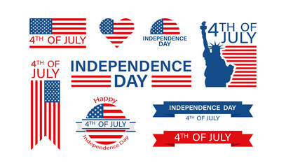 4th of july set in flat style. Independence day USA, Isolated vector design. - obrazy, fototapety, plakaty
