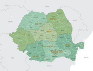 Detailed map of Romania with administrative divisions into regions and Counties, major cities of the country, vector illustration onwhite background