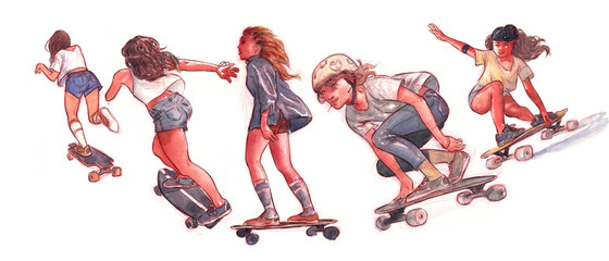 skater girl in different poses. vintage lifestyle. white background. character desine. downhill longboarding