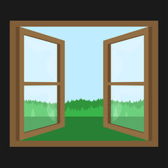 Window overlooking the winter landscape. Cartoon flat style. Vector illustration.