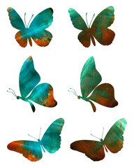 Hand drawn set of butterflies. Watercolor texture. Monotype, imprint. Green, orange, emerald colors. Creative wallpaper or design work, label, packaging, fabric