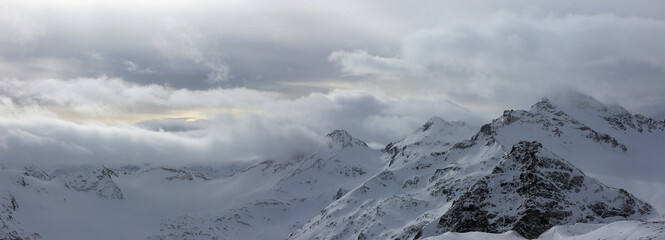Beautiful panoramic view of the Highest mountain range of the Greater Caucasus