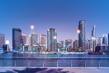 Skyscrapers of Dubai business downtown. International hub of trading and financial services of...