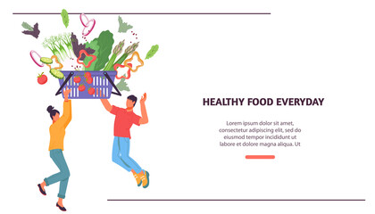Farm organic healthy food delivery and sale website or flyer template with people buying vegetables, flat vector illustration. Online food delivery and vegetarian products web banner template.