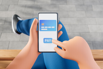 Close up view at smartphone with online bank application. Character man use phone at the street.