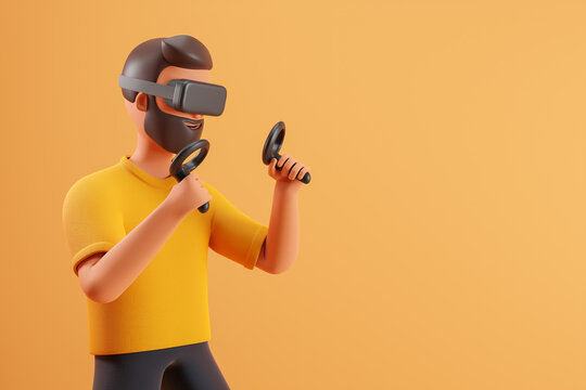 Cartoon beard character man play virtual fighting game with vr goggles and controller over yellow background with copy space. Virtual reality online fitness training.