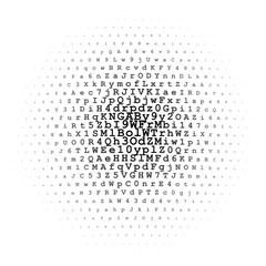 Halftone circle made of black letters and digits on white background illustration