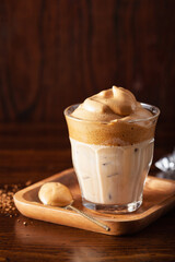 dalgona coffee in glass. trendy Instant coffee whipped with sugar and hot water