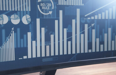 Graphs and charts on computer screen. Analysis. Business