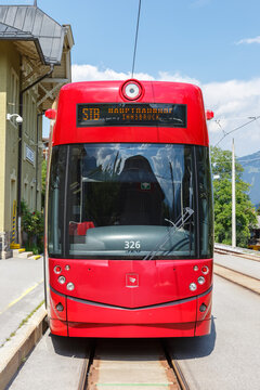 Stubaitalbahn Innsbruck Tram Bombardier train Fulpmes station in Austria portrait format