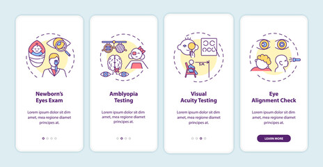 Naklejka premium Eye screening for children onboarding mobile app page screen with concepts. Newborns eyes exam walkthrough 4 steps graphic instructions. UI vector template with RGB color illustrations