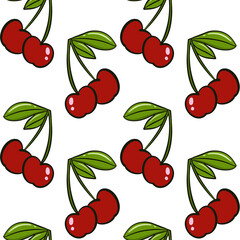 Cherry seamless background. Cherries, red berries with leaves on a white background. A repeating continuous pattern. Vector. Background for design, packaging.