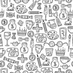 Hand drawn vector seamless pattern with doodles illustrations. Decorative background.