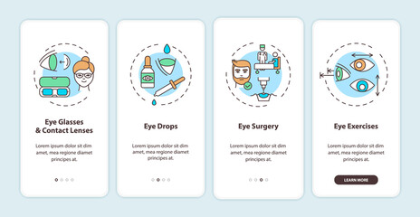 Eye diseases treatment methods onboarding mobile app page screen with concepts. Eye glasses and contact lenses walkthrough 4 steps graphic instructions. UI vector template with RGB color illustrations