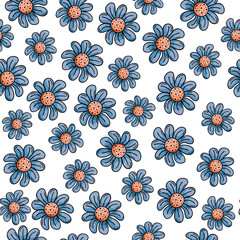 Hand drawn vector seamless pattern with doodles illustrations. Blue flowers with petals, daisies. Decorative floral background.