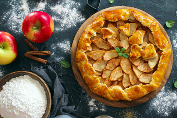 Homemade apple cake on dark background. Top view with copy space.