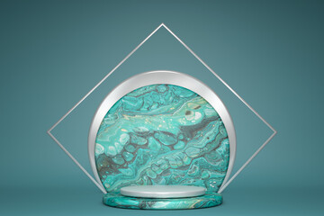 3d rendering with empty green podium and marble texture, minimal geometric pedestal. Stage for product in empty pastel background