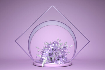 3D rendering flower background purple, Violet color on geometric shape podium minimal concept, pastel floral elements