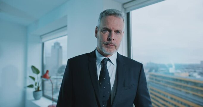 Attractive adult businessman inside modern office interior