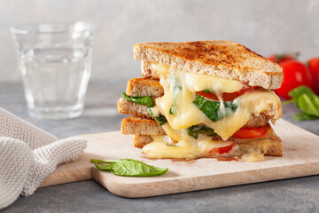 grilled cheese spinach and tomato sandwich on concrete background
