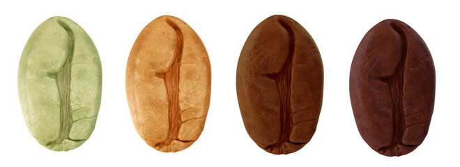 A collage of coffee beans showing various stages of roasting from green beans through to Italian roast. 3D illustration

