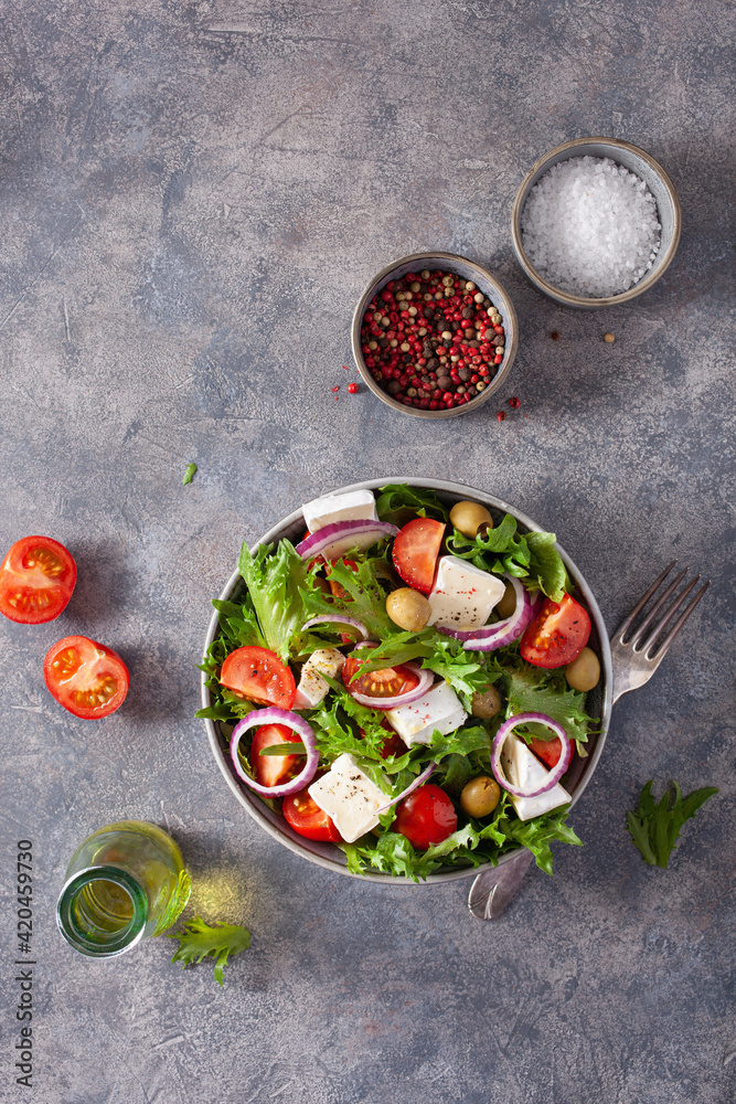 Wall mural tomato salad with brie cheese olives onion lettuce