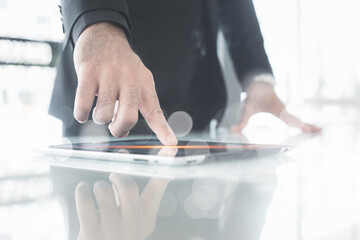 businessman hand finger tablet digital touch screen. business creative innovation communication mobile.
