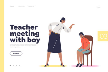 Obraz na płótnie Canvas Teacher meeting with boy concept of landing page with angry principal scolding pupil