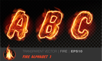 Alphabet of fire. Transparent realistic vector on dark background. Fiery font with light effect for your text. Letters ABC