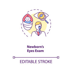 Newborns eyes exam concept icon. Eye screening for children. Checking how good child can see with eyes idea thin line illustration. Vector isolated outline RGB color drawing. Editable stroke