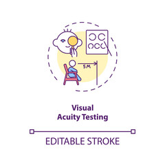 Visual acuity testing concept icon. Eye screening for children. Eye exam that checks how well you see idea thin line illustration. Vector isolated outline RGB color drawing. Editable stroke