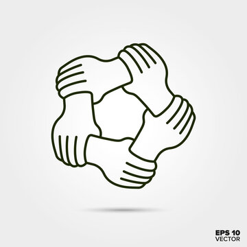 Teamwrk concept. Five hands holding each others wrist vector line icon