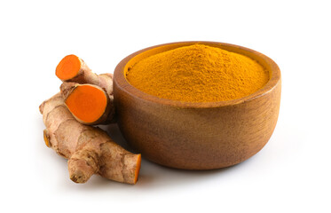 Turmeric (curcumin) rhizomes and powder isolated on a white background.