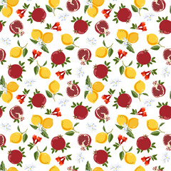 Pomegranates and lemons floral pattern, vector seamless fruit background, citrus fruits, flowers, leaves, lime branches texture. Citrus design for fabric, print, cover, wrapping paper, background, etc
