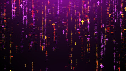 Artistic Purple Colorful Abstract Shiny Glitter Cross Jesus Confetti Shapes Falling Rain Background