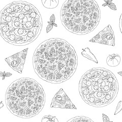 Pizza, a piece of pastry, basil, tomato, pepper. Seamless vector pattern. Elements are drawn in black on a white background. The food is hand-drawn. Design for menu, cafe, wrapping paper, card.