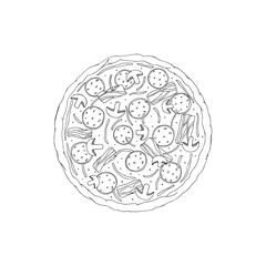 Pizza with ham, sausage, cheese and mushrooms. Vector illustration on a white background drawn by hands. Italian food. Fresh bakery. Isolated element for template, label, menu, icons, logo.