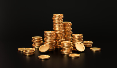 Gold finance coin or money currency cash on black background with pile of treasure coins. 3D rendering.