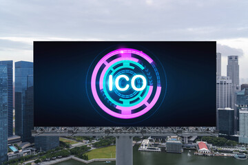 ICO hologram icon on billboard over panorama city view of Singapore at day time. The hub of...