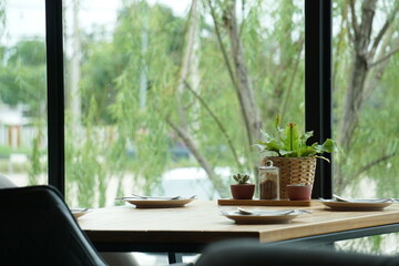 Dinner table in restaurant blur background