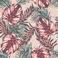 Tropical seamless fashion pattern with bright and colorful plants and leaves on a pink background. Beautiful print with hand drawn exotic plants. Seamless pattern with colorful leaves and plants.