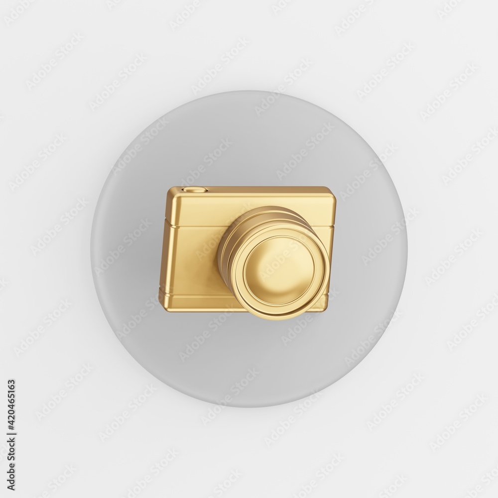 Poster gold digital photo camera icon. 3d rendering gray round key button, interface ui ux element.