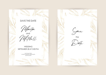 Obraz na płótnie Canvas Wedding Invitation with Gold Flowers and gold geometric line design. Cover design with an ornament of golden leaves. vector eps10