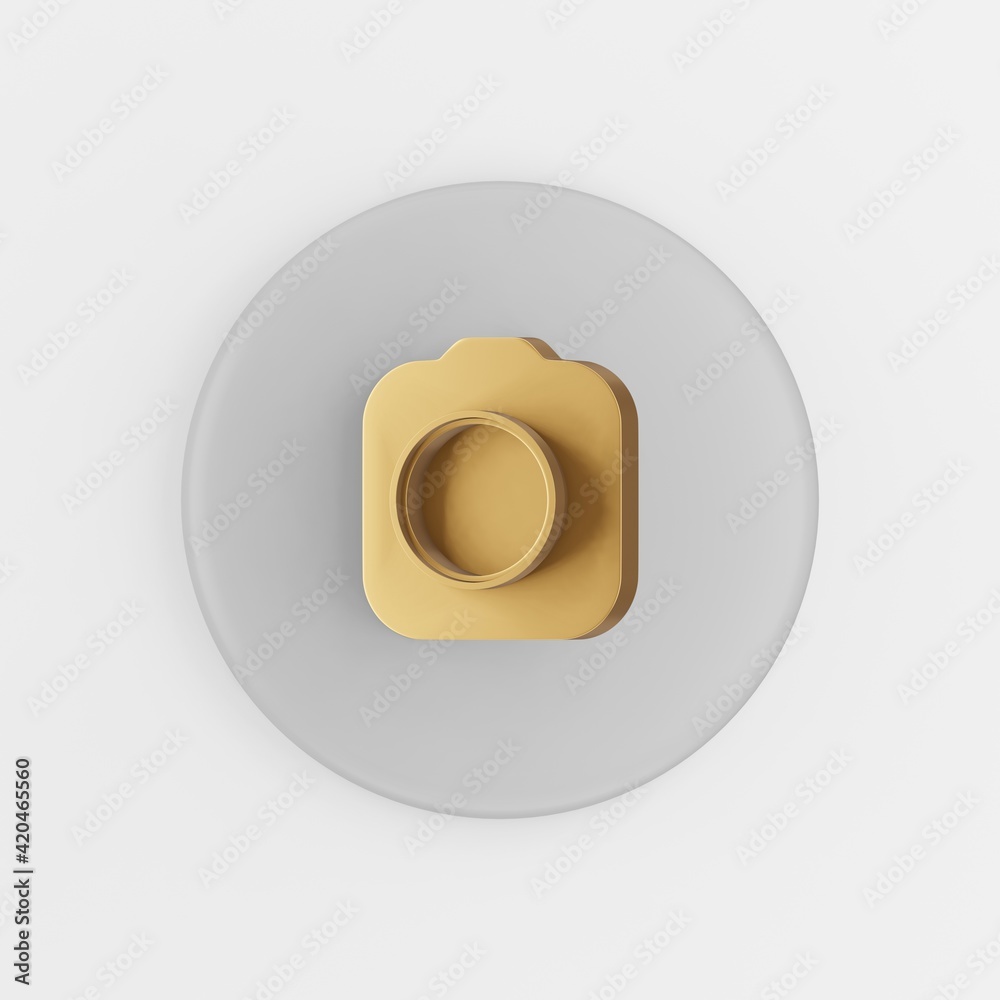 Poster gold photo camera icon. 3d rendering gray round key button, interface ui ux element.